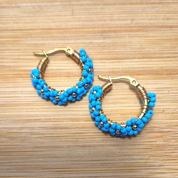 💲6️⃣ Bundled ✔️Blue and Gold Beaded Hoop Earrings - Picture 1 of 4